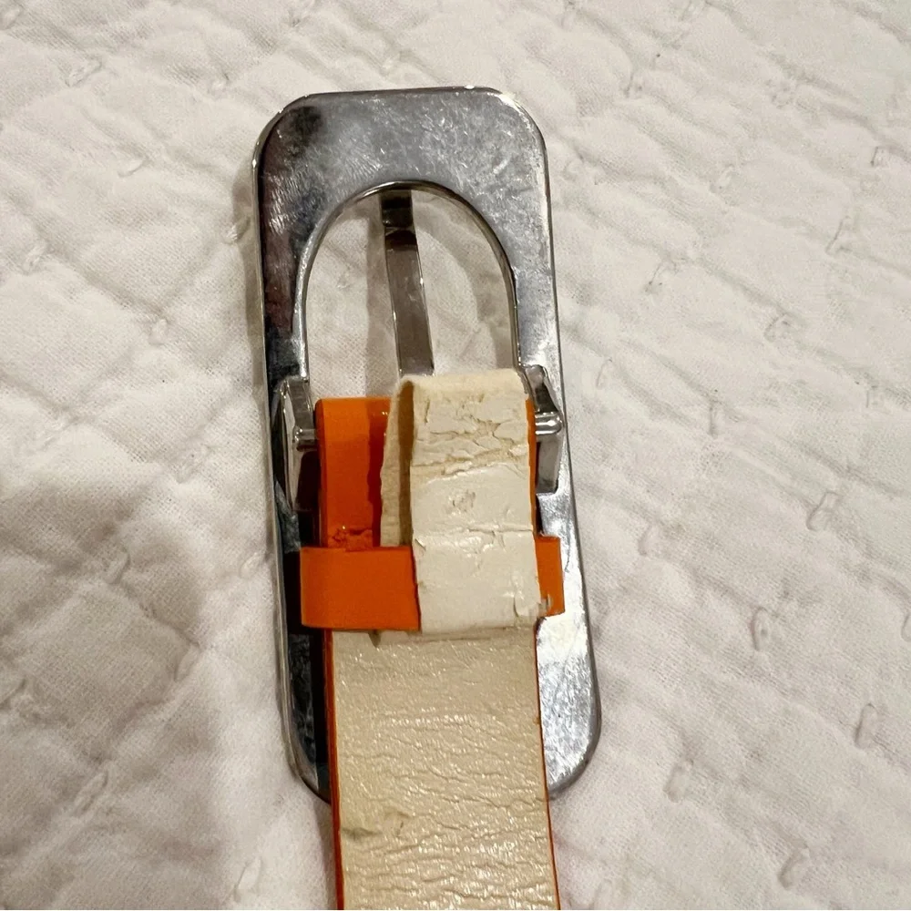 Motivi Belt Womens 34 Orange Silver Buckle Shiny Patent Faux Leather Retro Italy